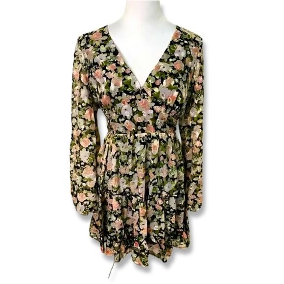 All In Favor Mini Dress Long Sleeves Zip Lined Floral Multi Color Women's L NWT - Picture 2 of 10